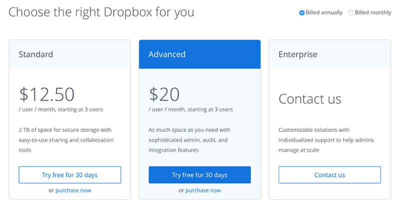 drop box business pricing