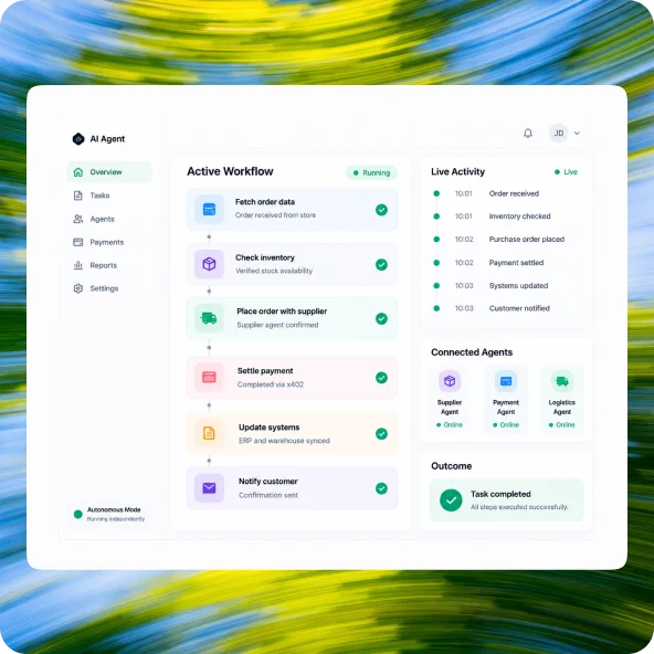 AI agent dashboard running active workflows independently