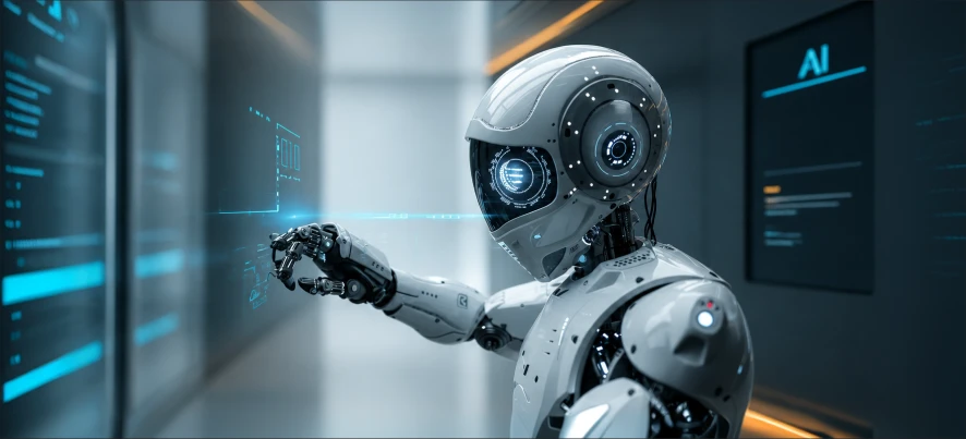 Humanoid robot reviewing data on a holographic interface