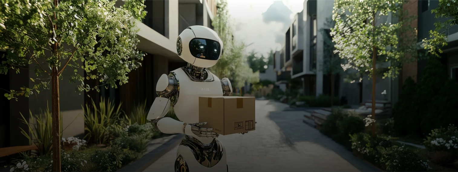 Delivery robot moving through a residential street