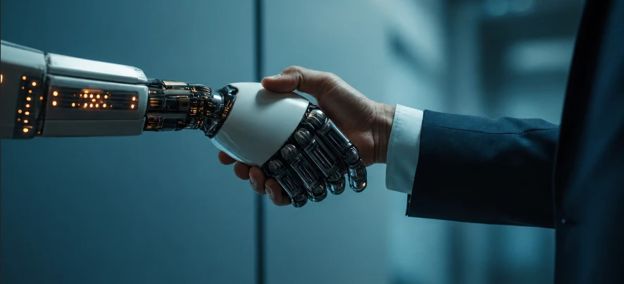 Robotic hand shaking a human hand in a corporate setting