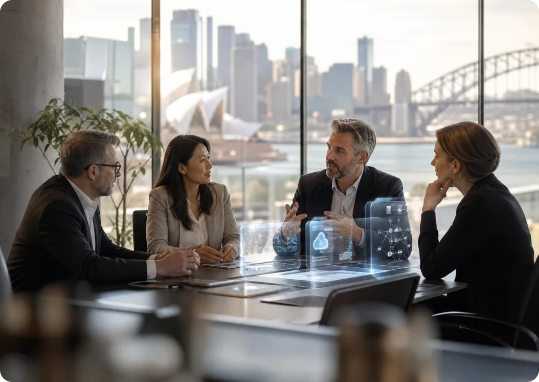 Appinventiv engineering leaders discussing digital platforms in a Sydney boardroom