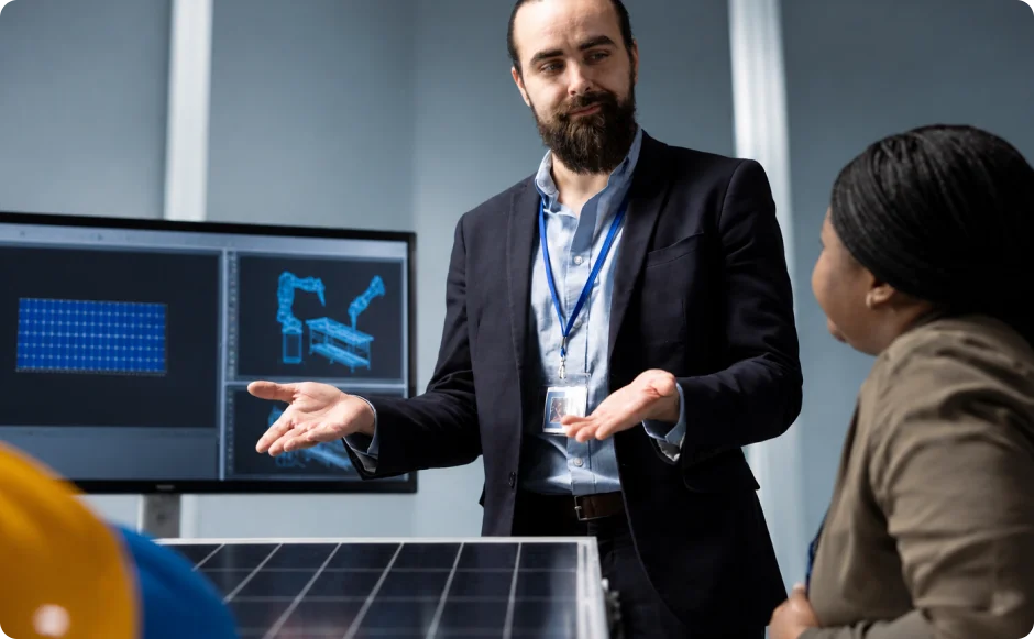 Energy analyst reviewing performance reports