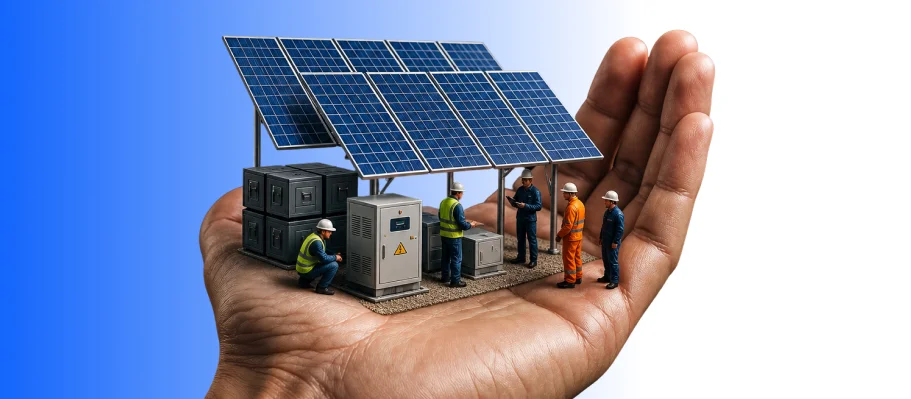 Hand holding a miniature solar energy facility model