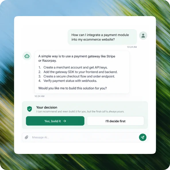 AI recommends a payment module plan and waits for human decision