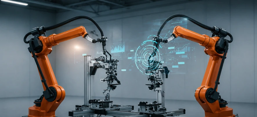 Robotic arms assembling components in a production environment