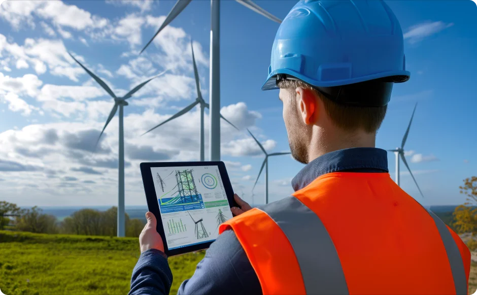 Wind turbines across a renewable energy field