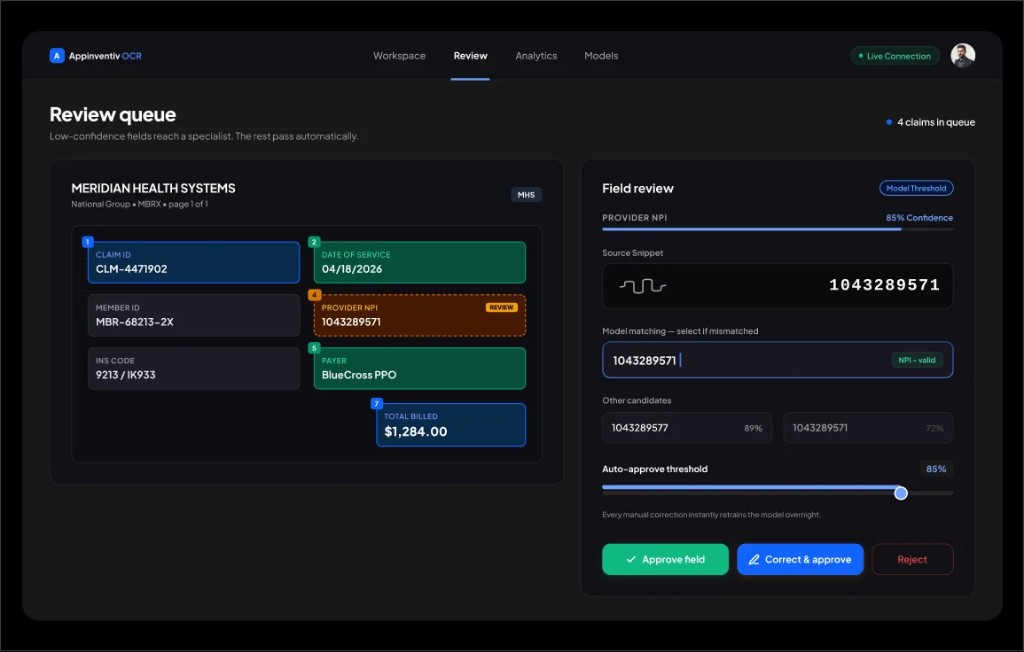 Appinventiv OCR review queue showing low-confidence field review with approve, correct and reject actions