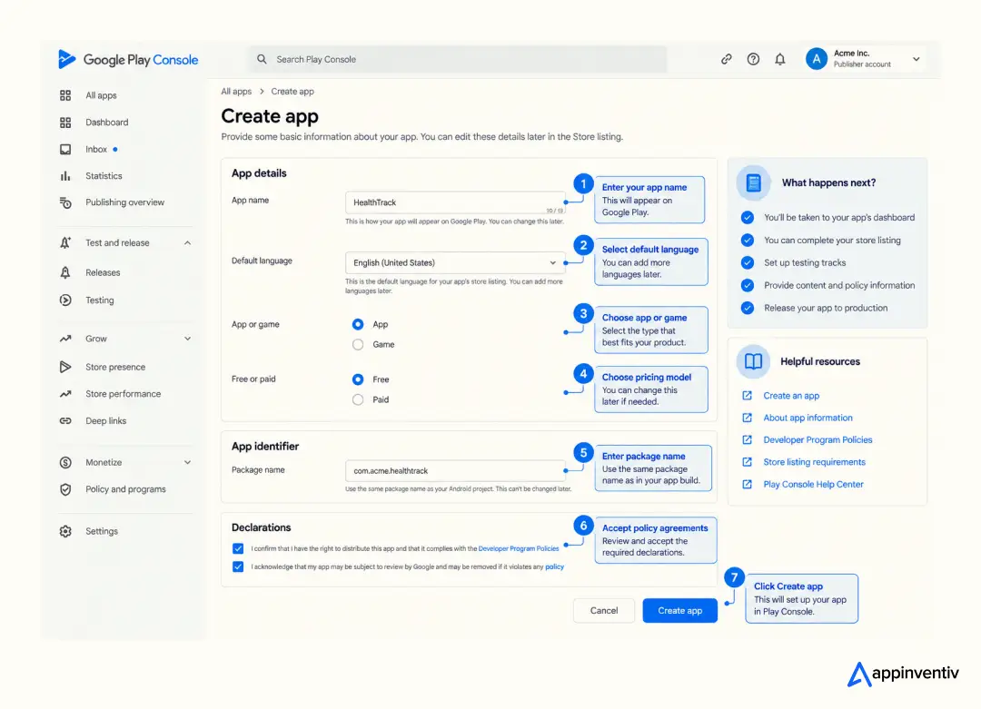 Google Play Console Create App