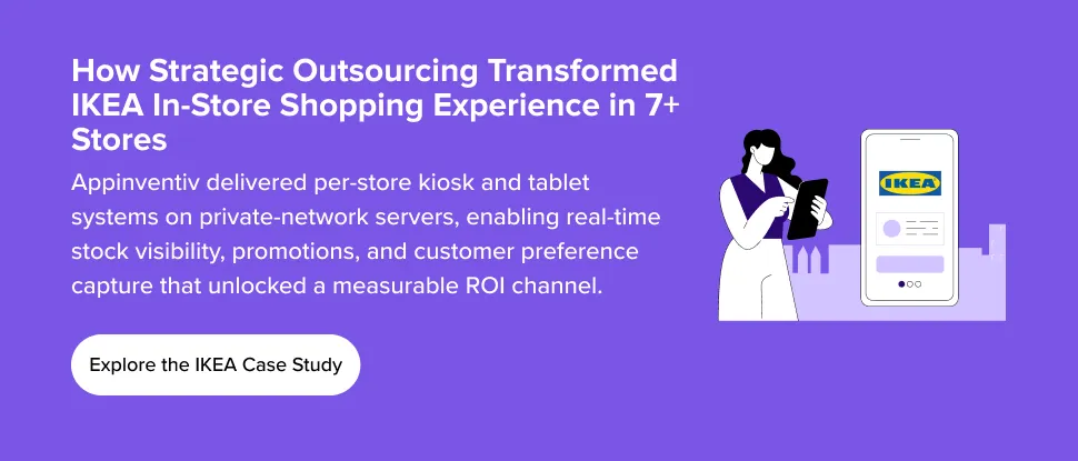 Case study banner showcasing Appinventiv’s in-store shopping solution for IKEA, featuring real-time inventory, promotions, and multi-store deployment.