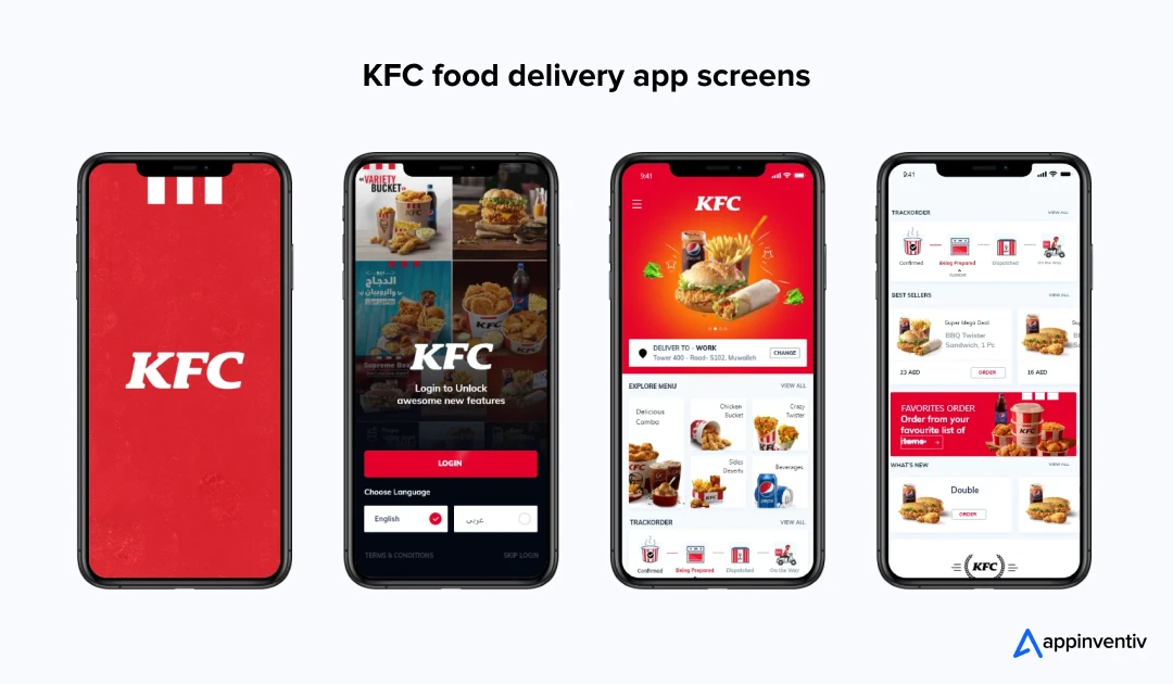 KFC food delivery app screens