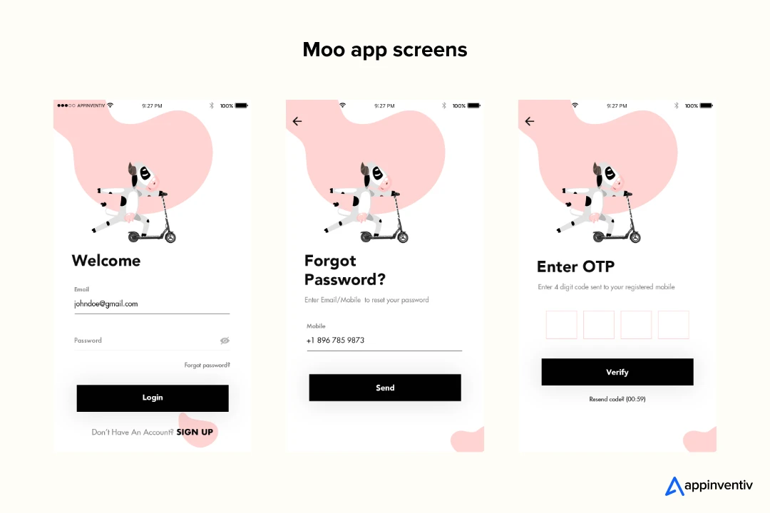 Moo app screens