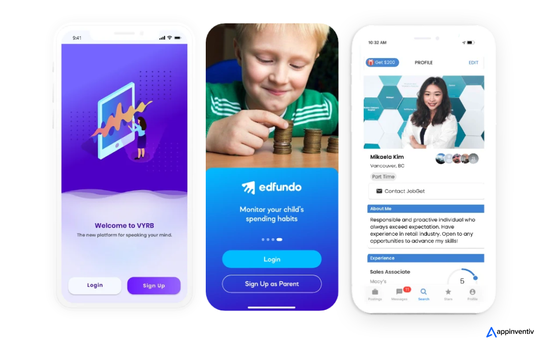 three screens for - Vyrb, EdFundo and JobGet