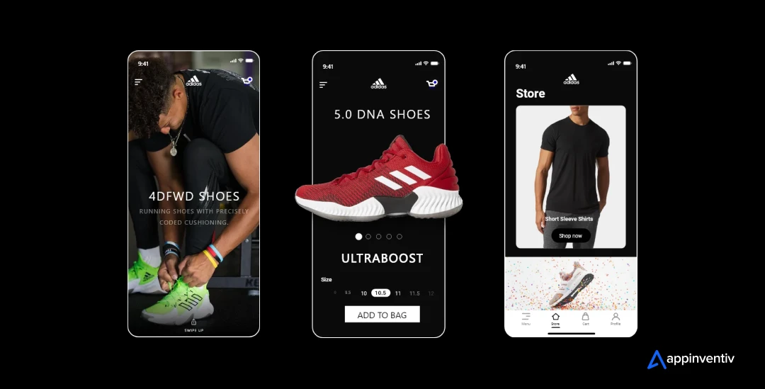 Screens depicting enhanced UI/UX in Adidas app