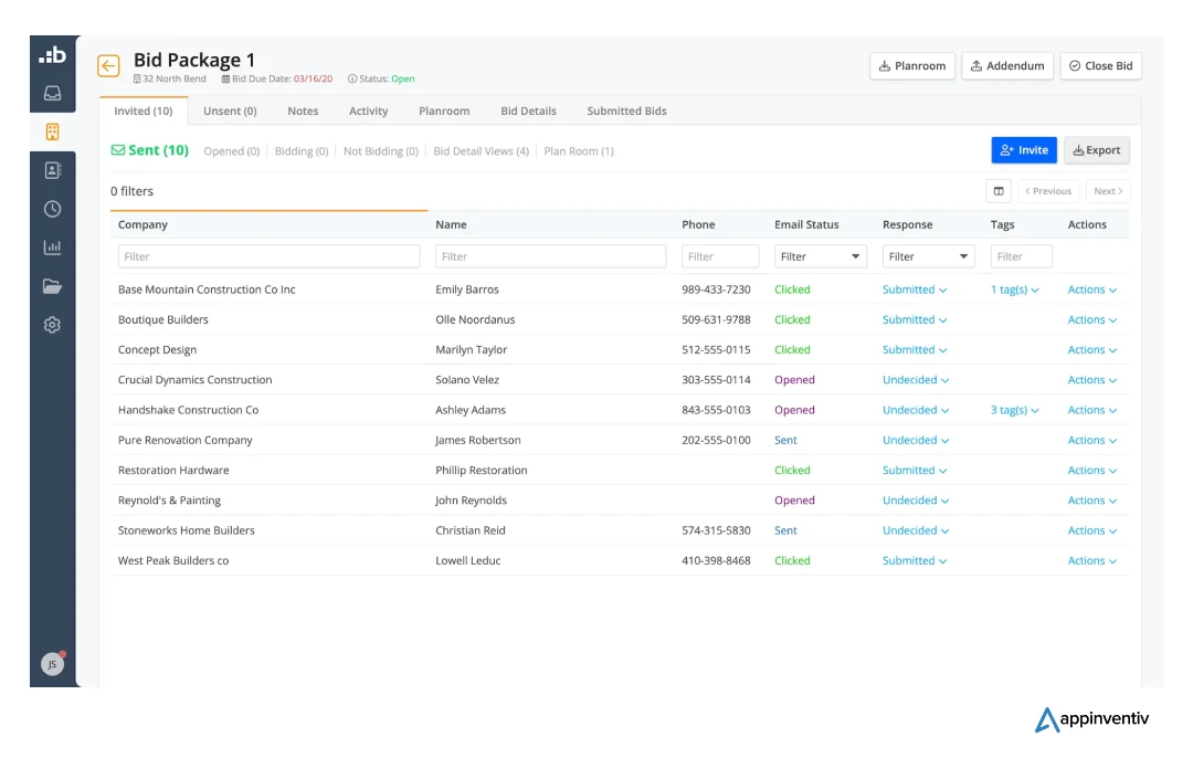 bid package in a construction bidding software 