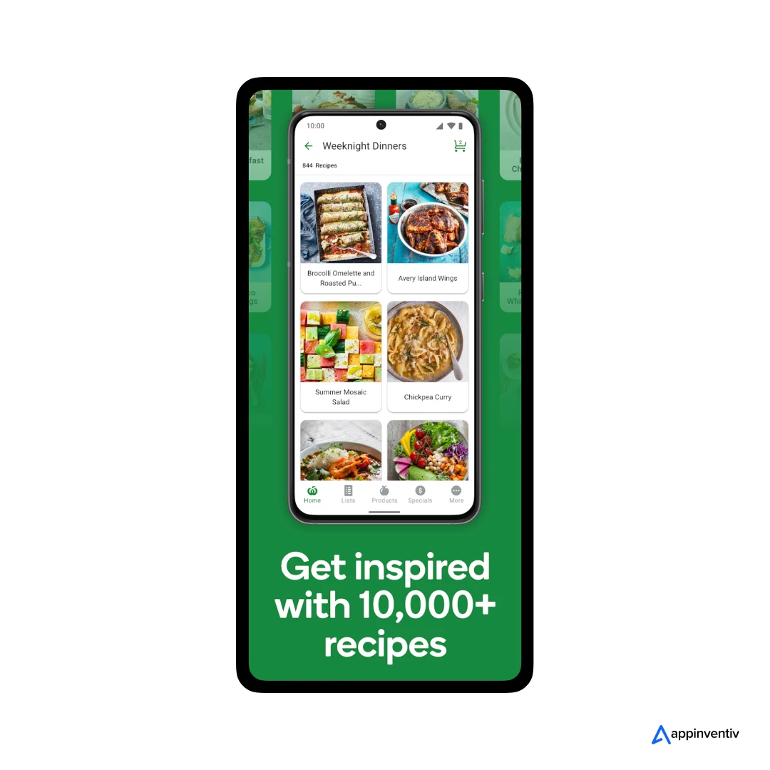 recipe feature in an app like Woolwoths