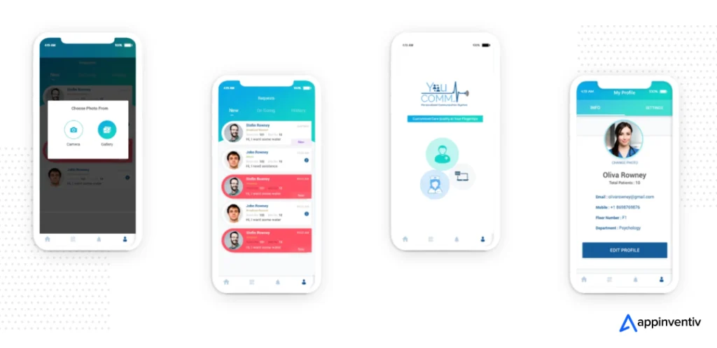 YouComm healthcare app screens for in-hospital patient communication and nurse response workflows. YouComm healthcare app screens for in-hospital patient communication and nurse response workflows.