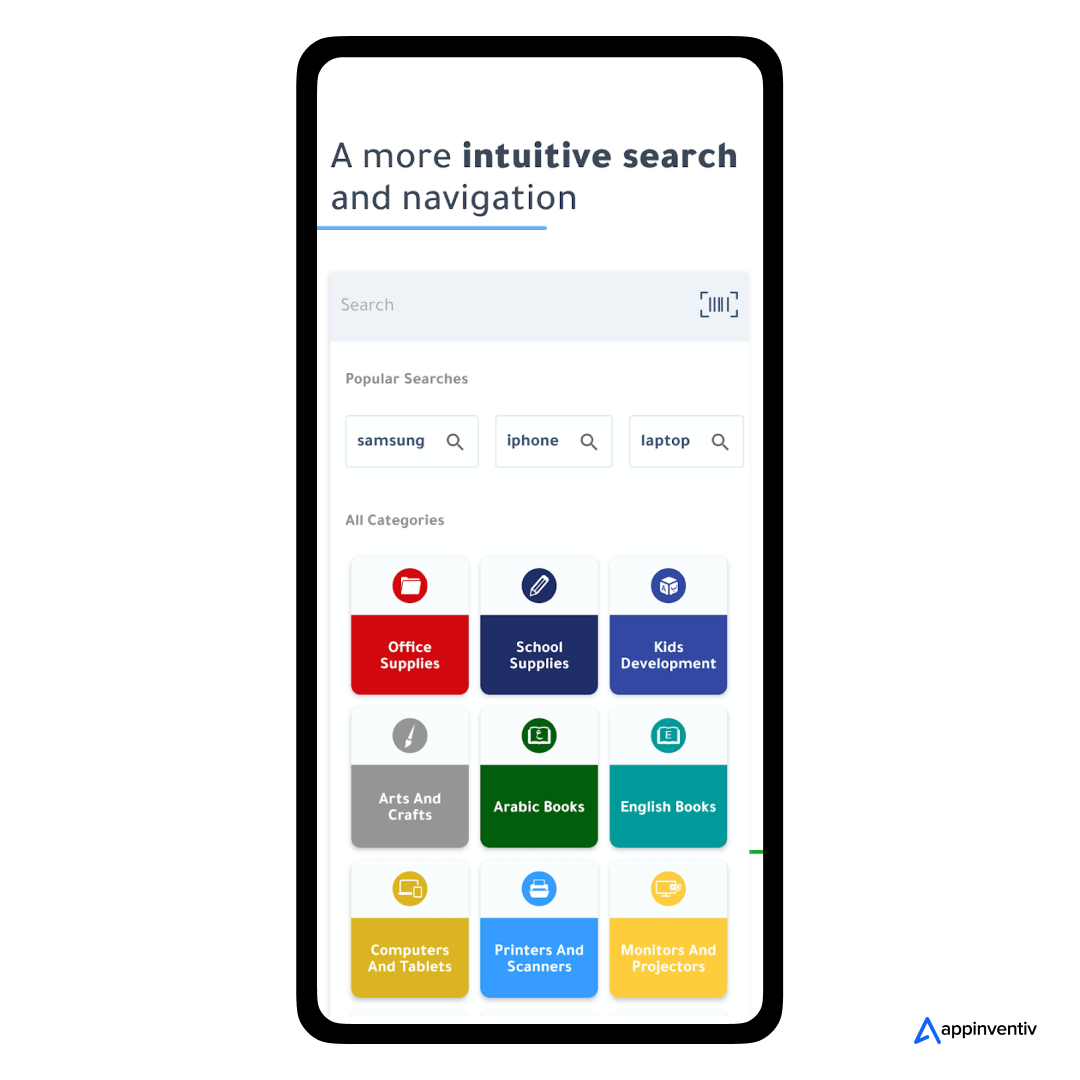  intuitive search functionality in an app like Jarir Bookstore.