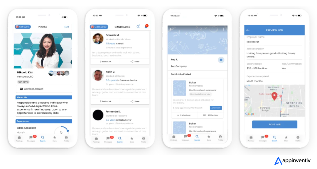 JobGet app screens