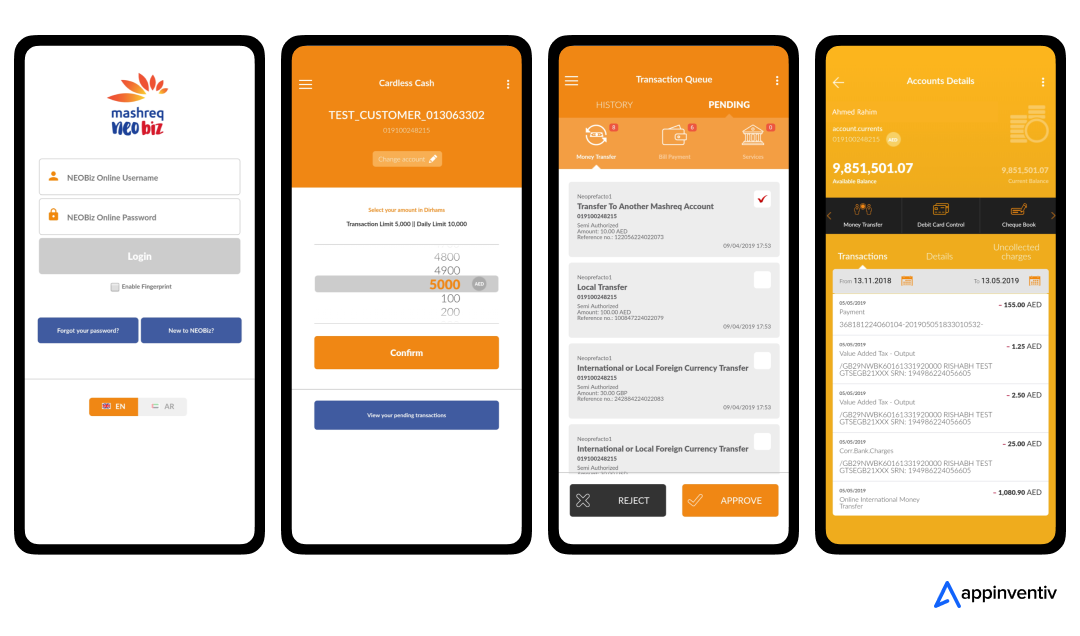 Mashreq NEOBiz app screens