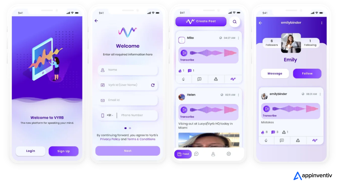 Vryb social media app screens