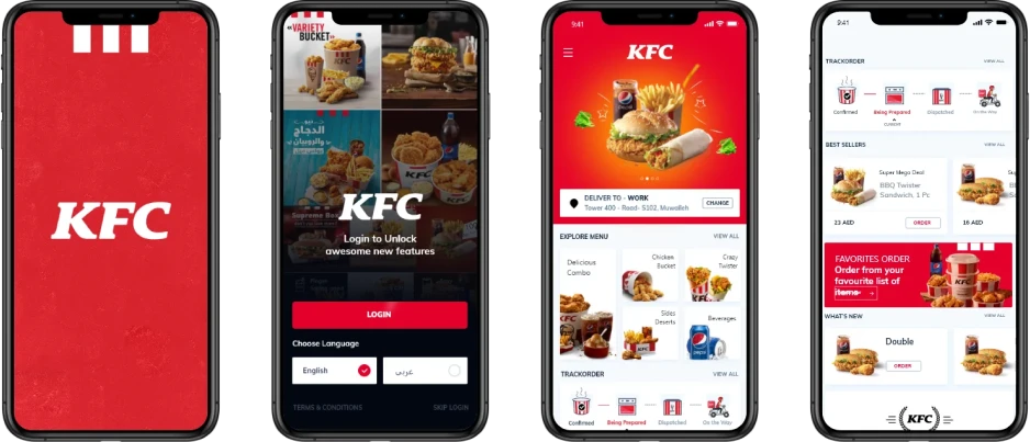 KFC AI-powered food delivery app UI on mobile screens