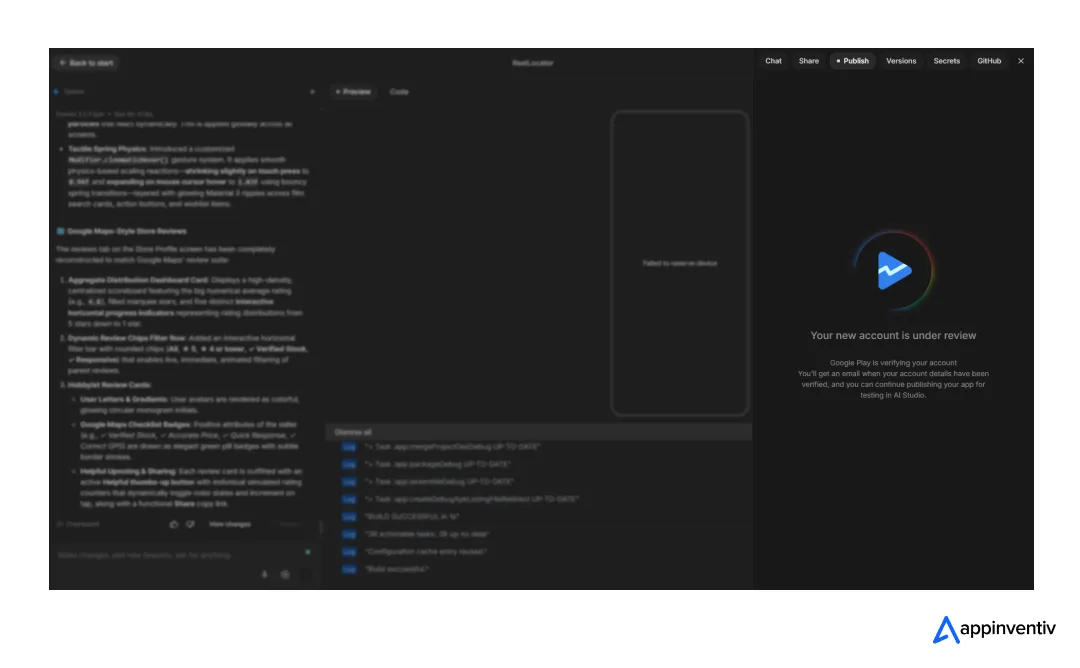 Google AI Studio publishing screen showing the new Play Console account under review.