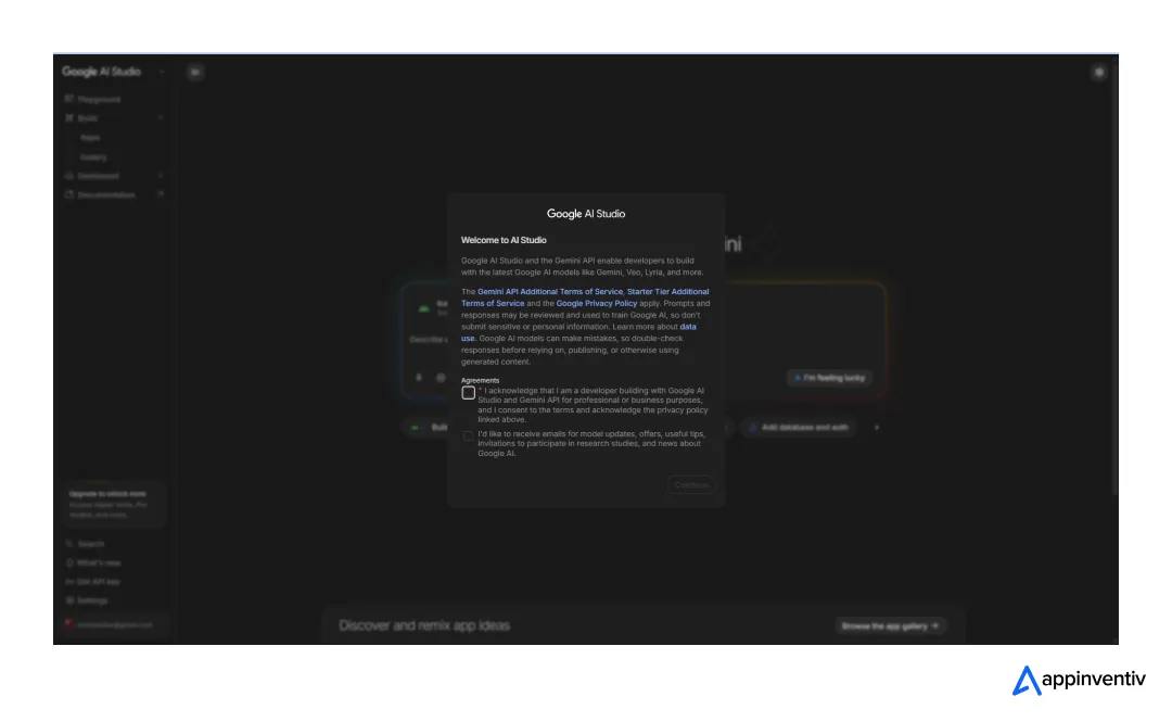 Google AI Studio welcome screen showing the terms and conditions pop-up before using the app builder.
