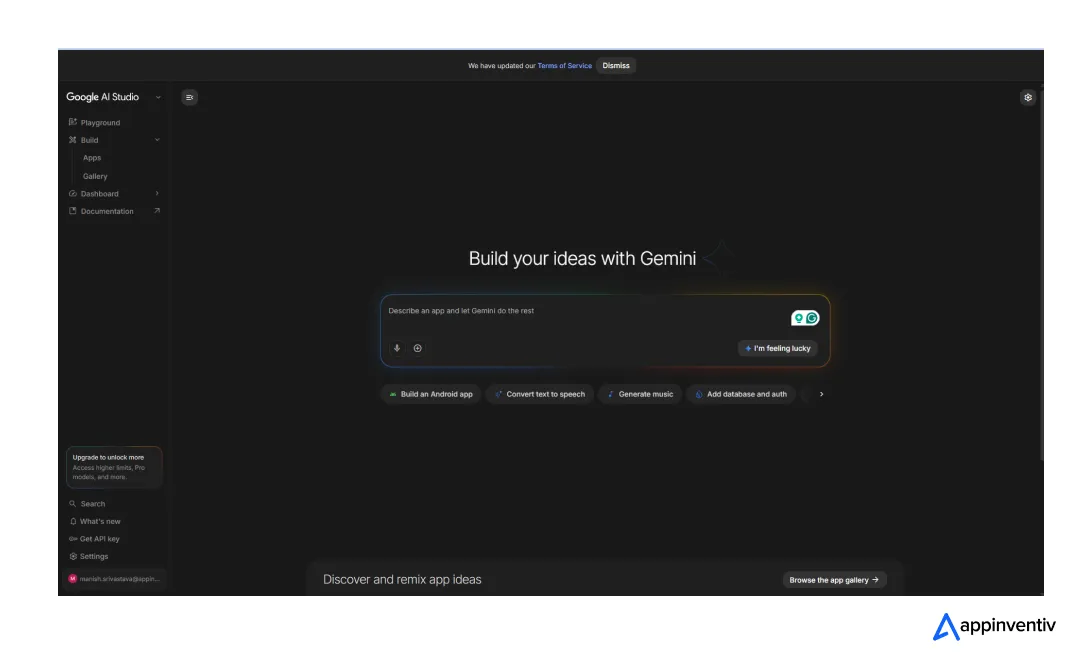 Google AI Studio Build screen where users can start creating an app idea with Gemini.