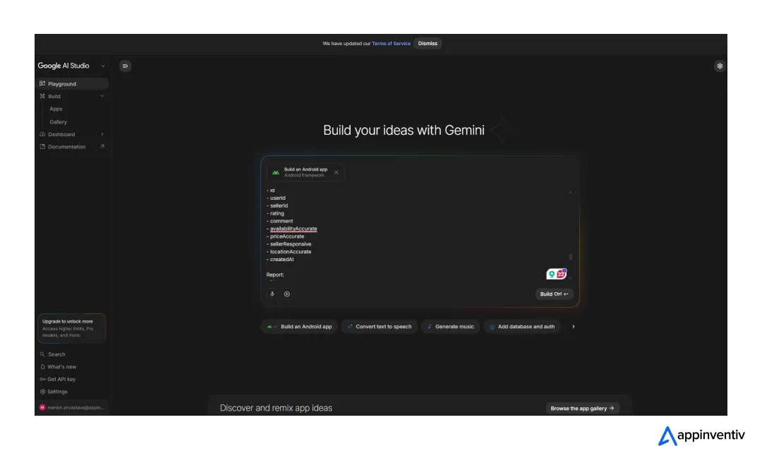 Google AI Studio prompt screen showing a detailed app idea submitted to Gemini for Android app generation.