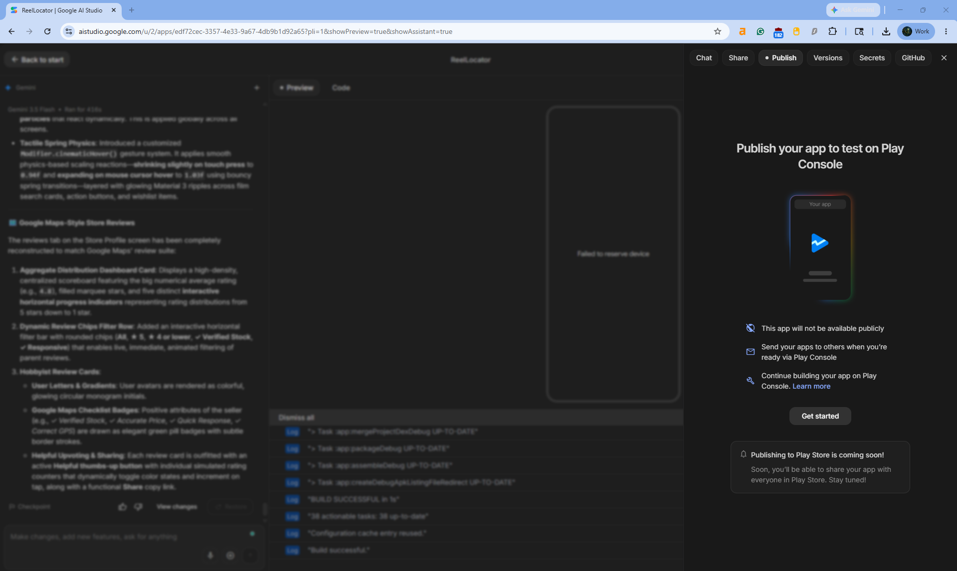 Google AI Studio publish screen showing that Play Store publishing is not available for the generated app.