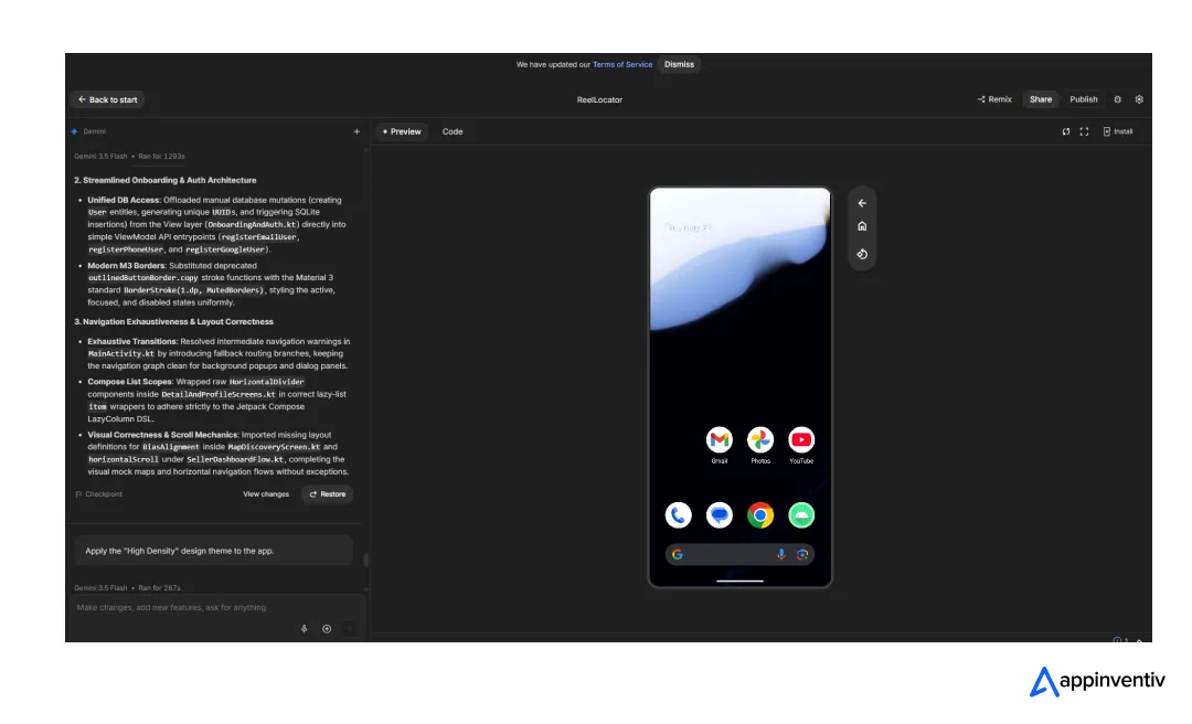 Google AI Studio preview showing a generated Android app running inside a virtual mobile device.