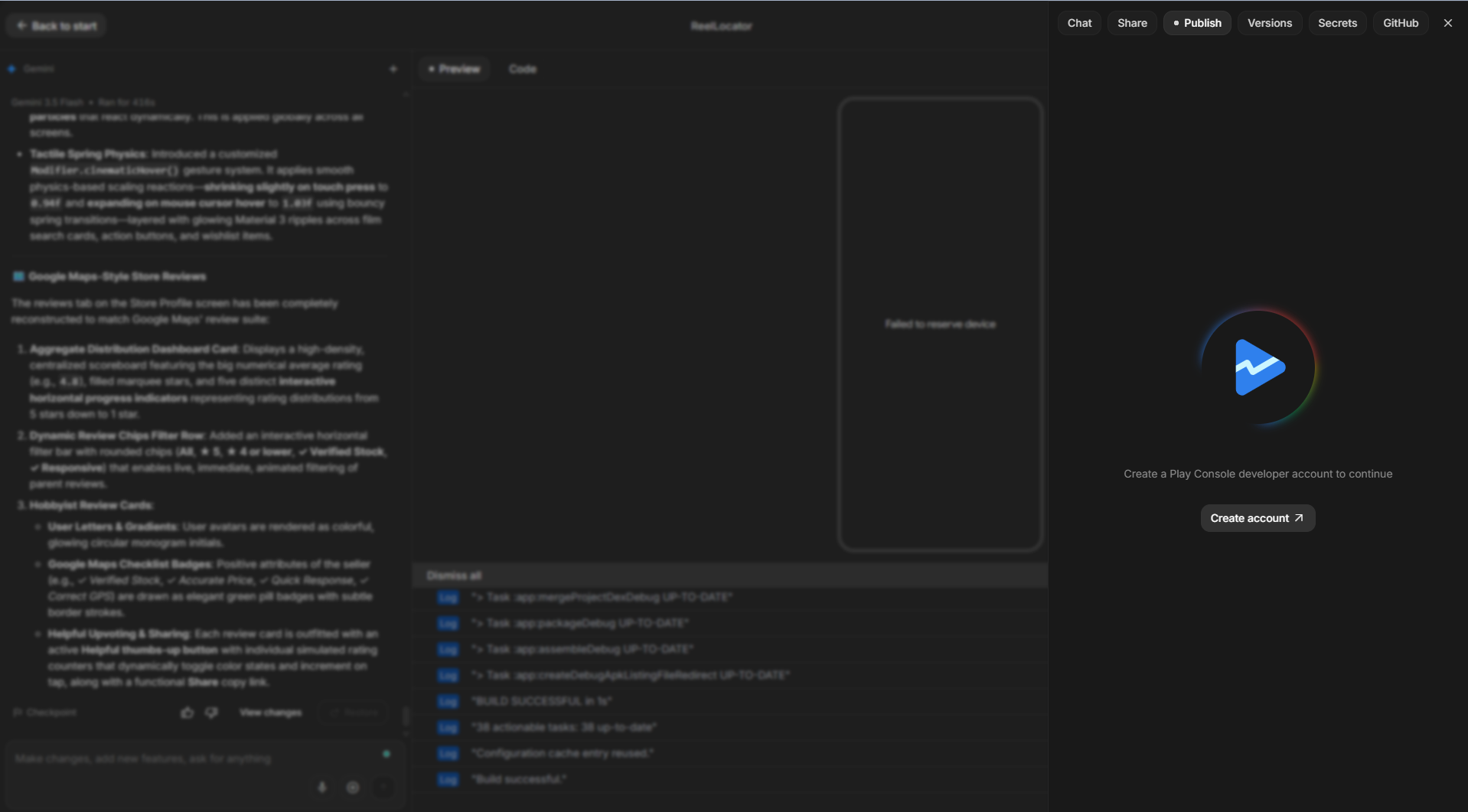 Google Play Console account creation screen shown after attempting to publish an AI Studio-generated app.