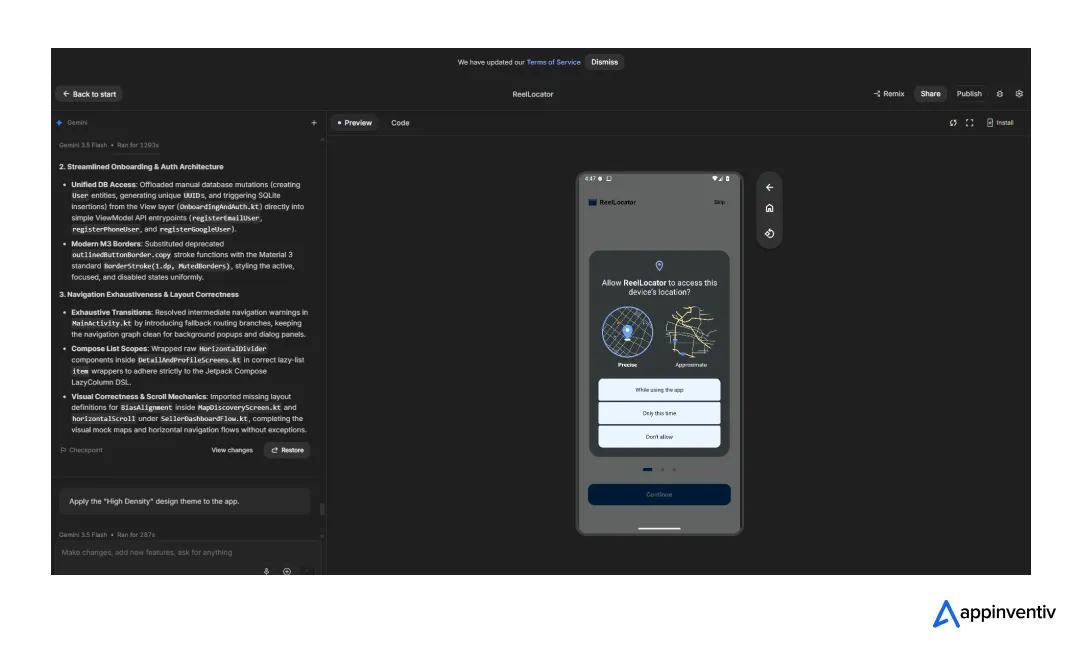 Google AI Studio preview showing a generated Android app running inside a virtual mobile device.