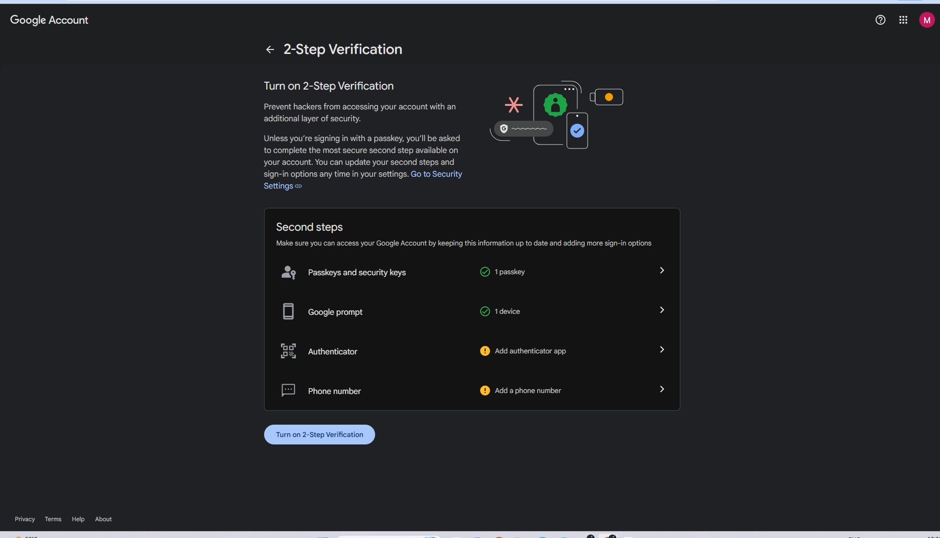 Google Account two-step verification screen required before creating a Google Play Console developer account.