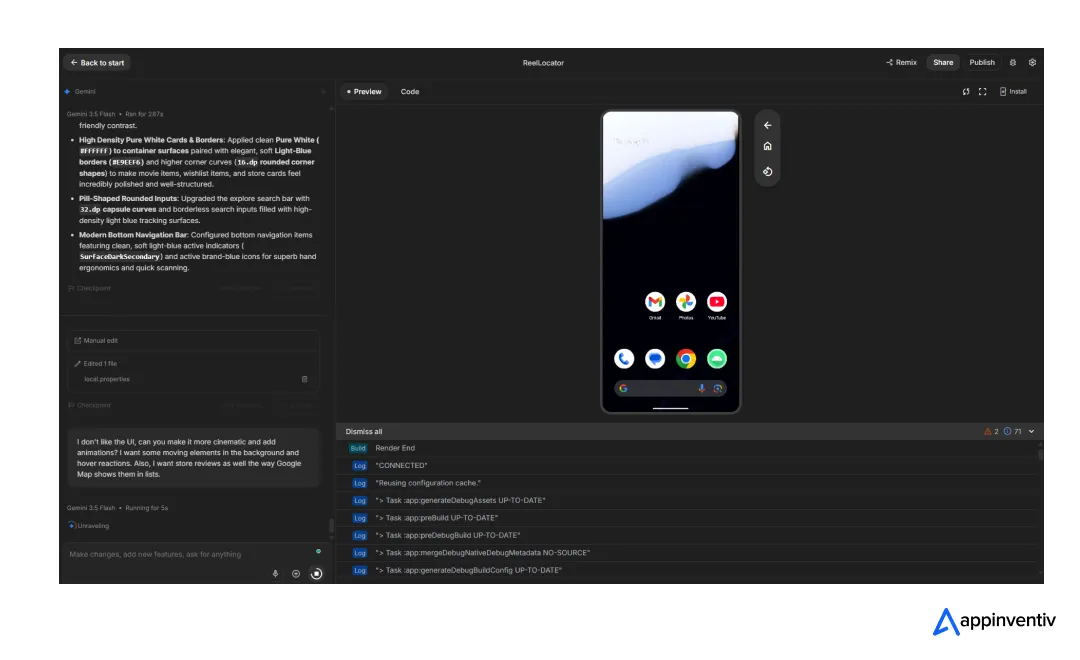 Prompt asking Google AI Studio to make the app UI more cinematic with animations, hover effects, and store reviews.