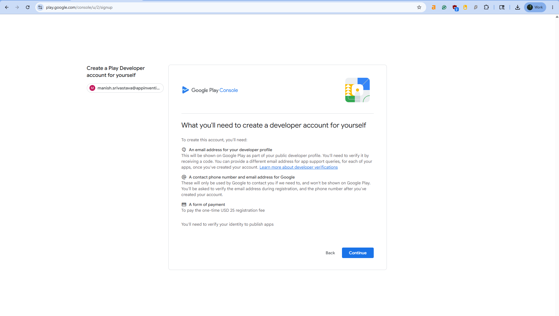 Google Play Console setup screen explaining requirements for creating an individual developer account.