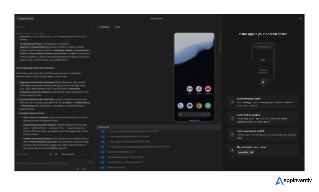 Google AI Studio installation panel showing steps to connect an Android device using USB debugging.