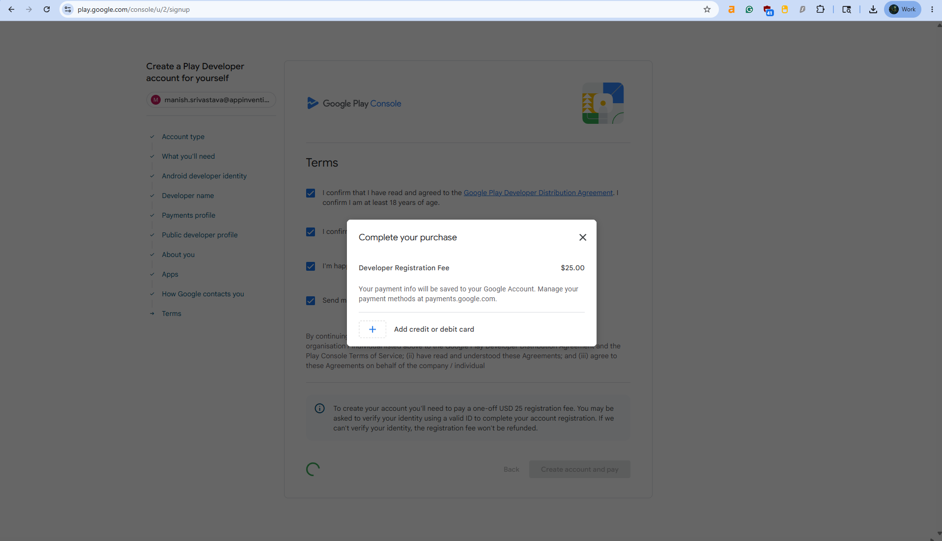 Google Play Console setup screen explaining requirements for creating an individual developer account.
