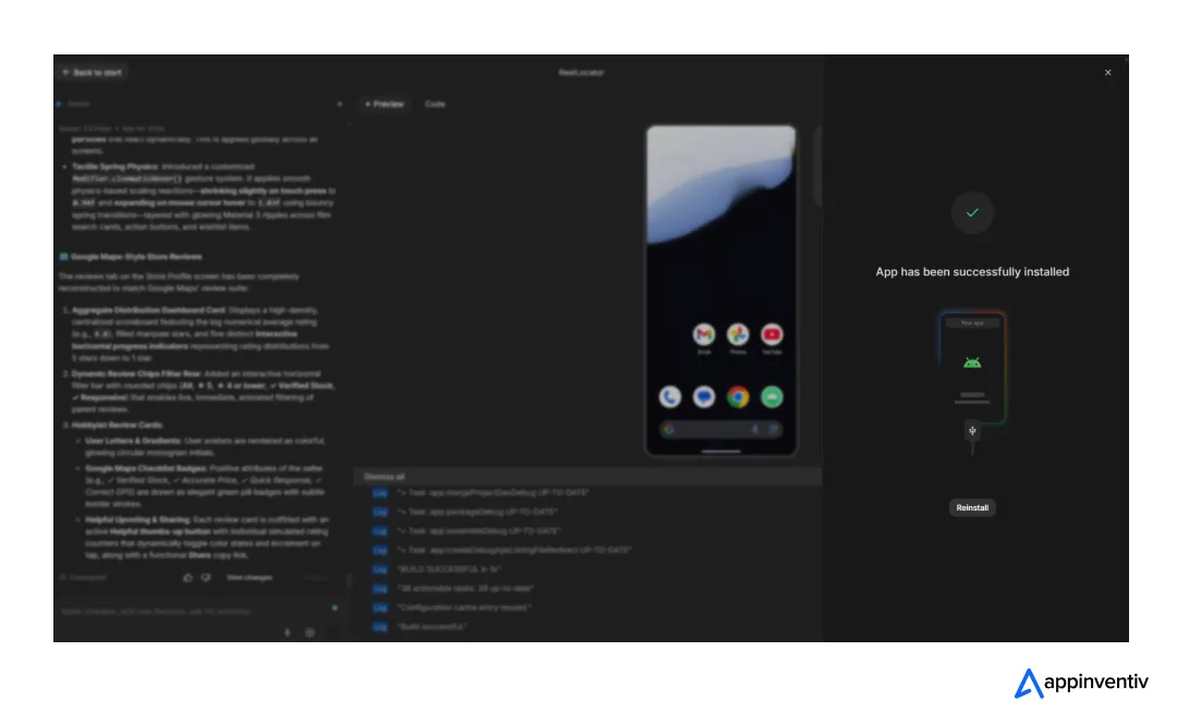 Google AI Studio confirmation screen showing that the app has been successfully installed on an Android device.