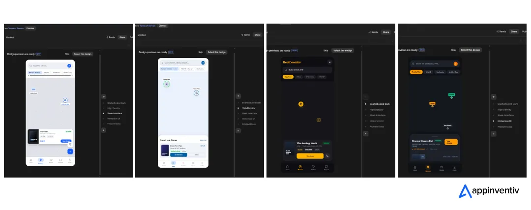 Google AI Studio design selection screen showing multiple UI layout options for a generated Android app.